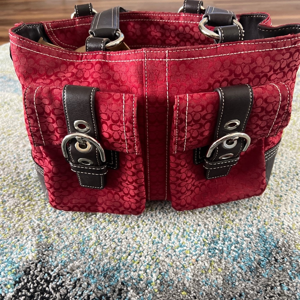 Coach Signature Red Brown Leather Handbag Purse Vintage D06S-3646 Canvas